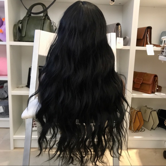 Human hair blend black wig with bang main image 6